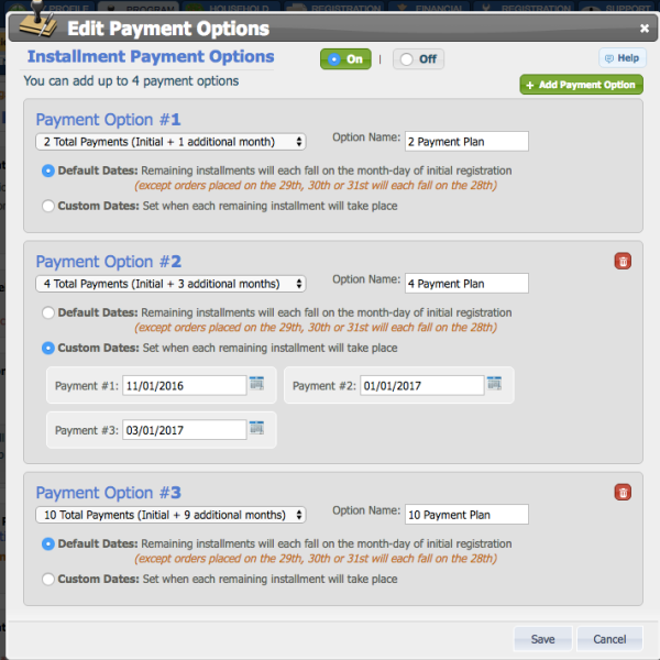 custom registration installment payment plans